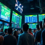 Engaged bettors analyzing Sports Betting odds and statistics in a vibrant environment.