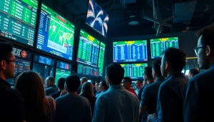 Engaged bettors analyzing Sports Betting odds and statistics in a vibrant environment.