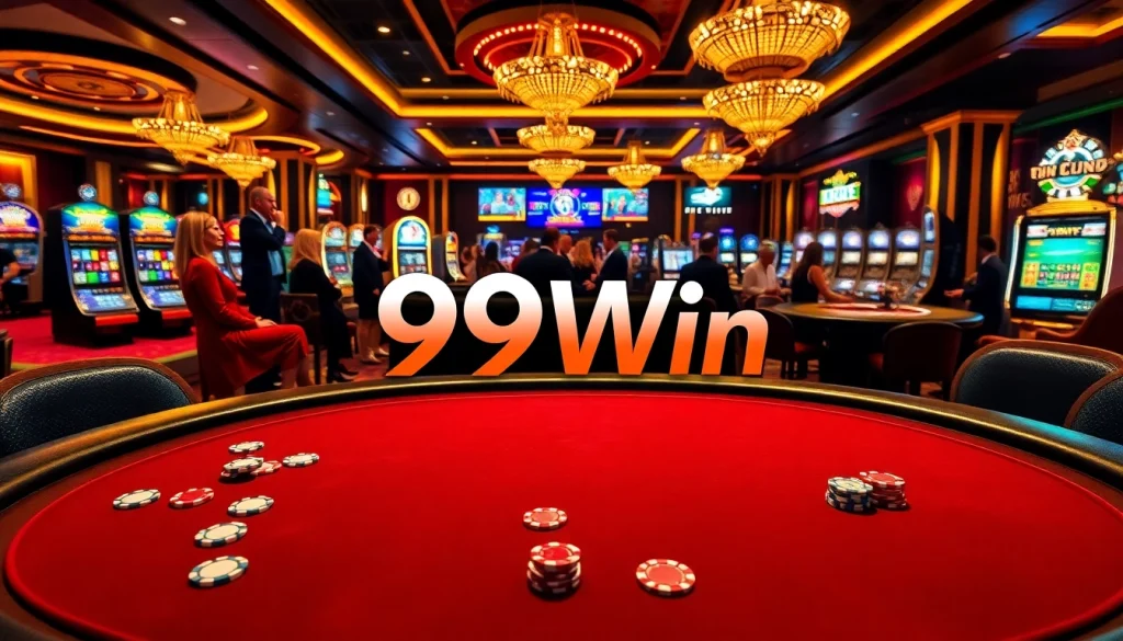 Dynamic casino scene highlighting 99win with excited players at poker and slots.