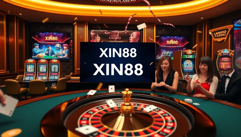 XIN88 online casino experience with vibrant tables and joyful players in luxury setting.
