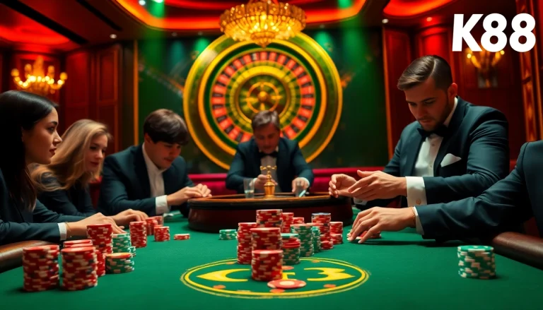 K88 gaming scene showcasing a vibrant poker table with players and a roulette wheel in a thrilling casino environment.