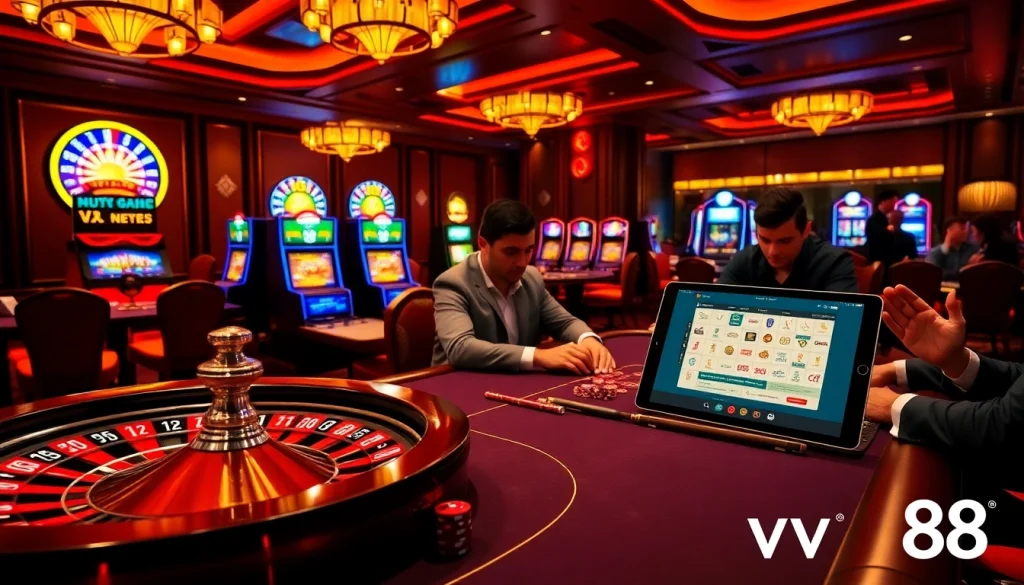 Experience thrilling gameplay at vn88’s luxurious poker table in an engaging casino setting.