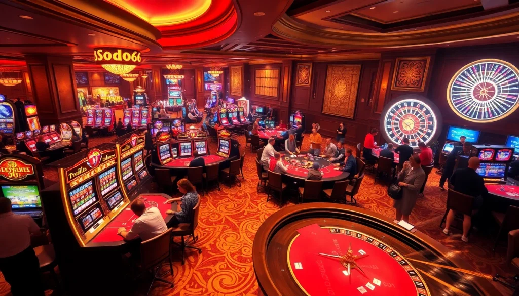 SODO66 casino scene showcasing vibrant gaming tables, lively players, and excitement in a luxurious setting.