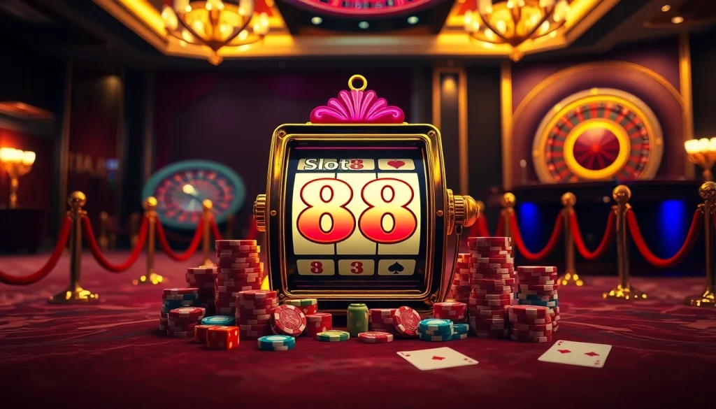Engage with slot 88 action at a vibrant casino scene featuring bright slot machines and poker chips.