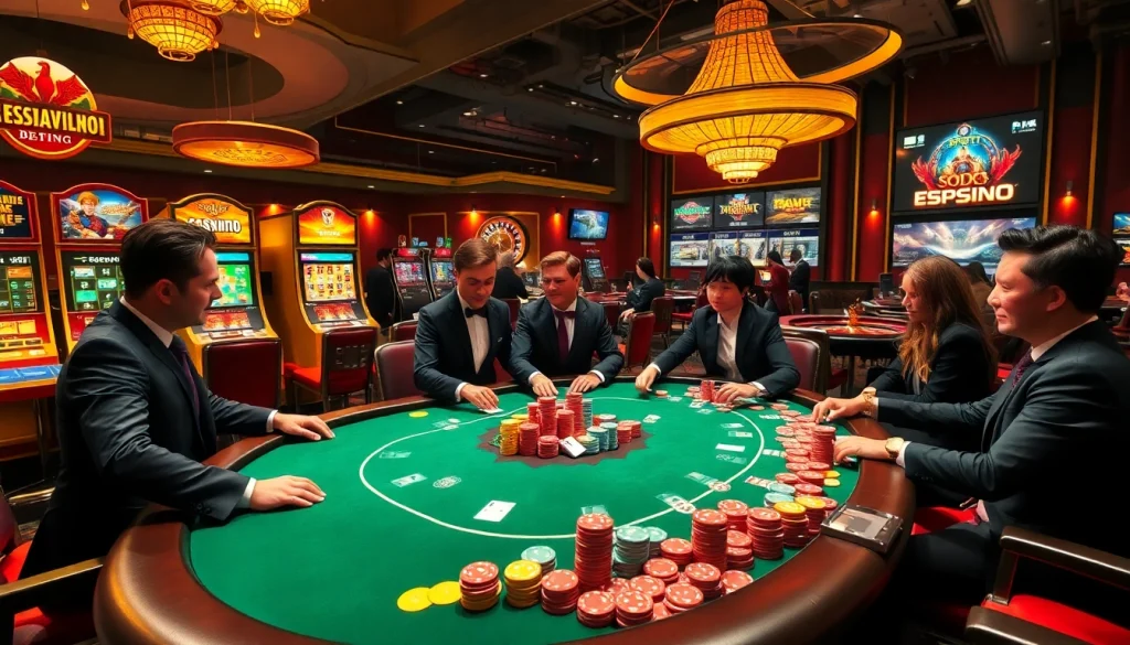 Engaging players at SODO CASINO enjoying high-stakes poker with vibrant chips and elegant tables.
