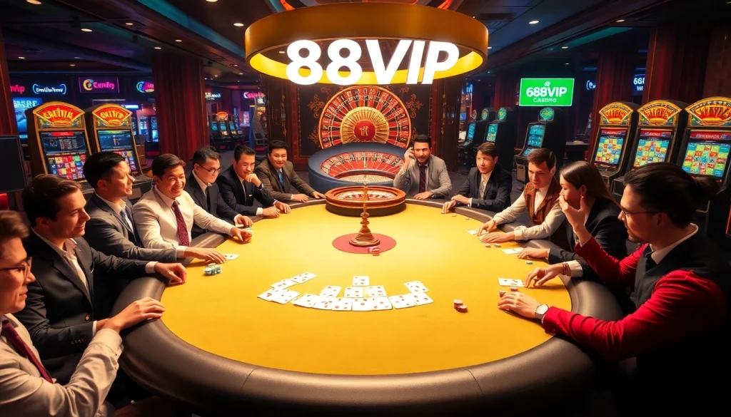 Experience the thrill of betting at 68VIP with vibrant casino visuals featuring chips and cards.