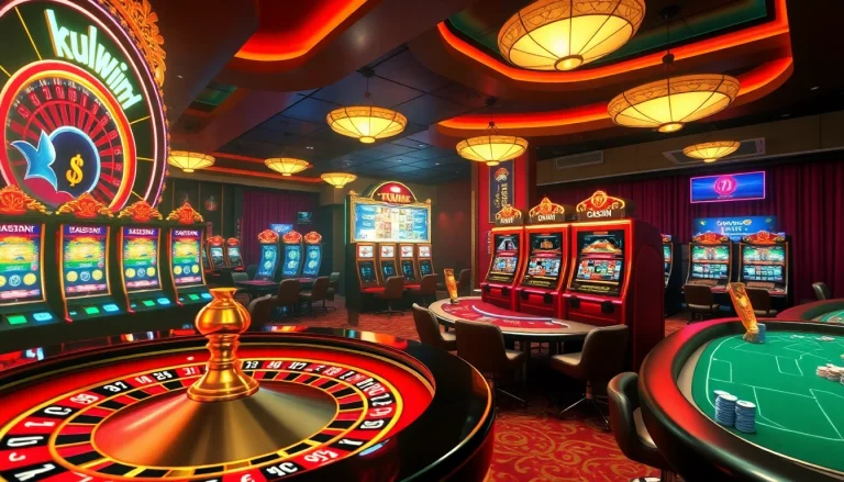 Kuwin online casino featuring roulette wheel, poker chips, and engaging gambling atmosphere.