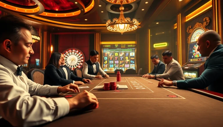 KJC players enjoying a thrilling poker game in a luxurious casino setting with roulette and slot machines.