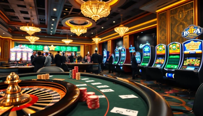 Pahala4d players experiencing excitement at a luxurious casino with poker tables and vibrant slot machines.
