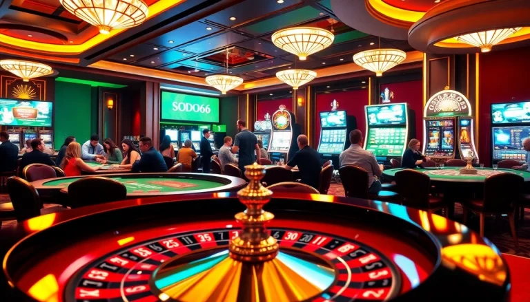 SODO66 casino scene with players at roulette and blackjack tables, capturing excitement and luxury.