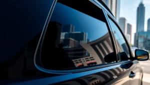 Enhance your vehicle's style with window tinting Cleveland TN showcasing a sleek design and urban backdrop.