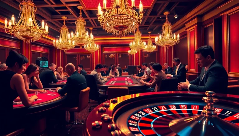 SODO casino scene with luxurious poker and roulette tables, showcasing excited gamblers.