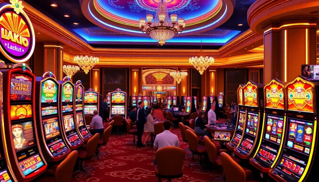Players engaging with slot machines in an elegant casino setting, showcasing excitement and potential winnings.