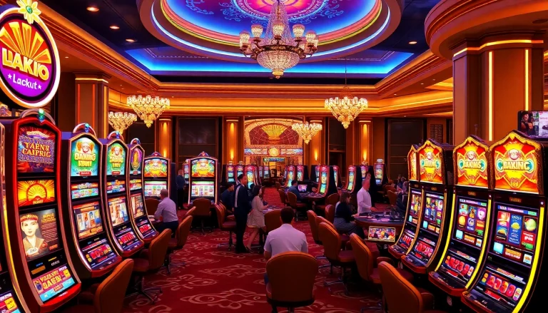 Players engaging with slot machines in an elegant casino setting, showcasing excitement and potential winnings.