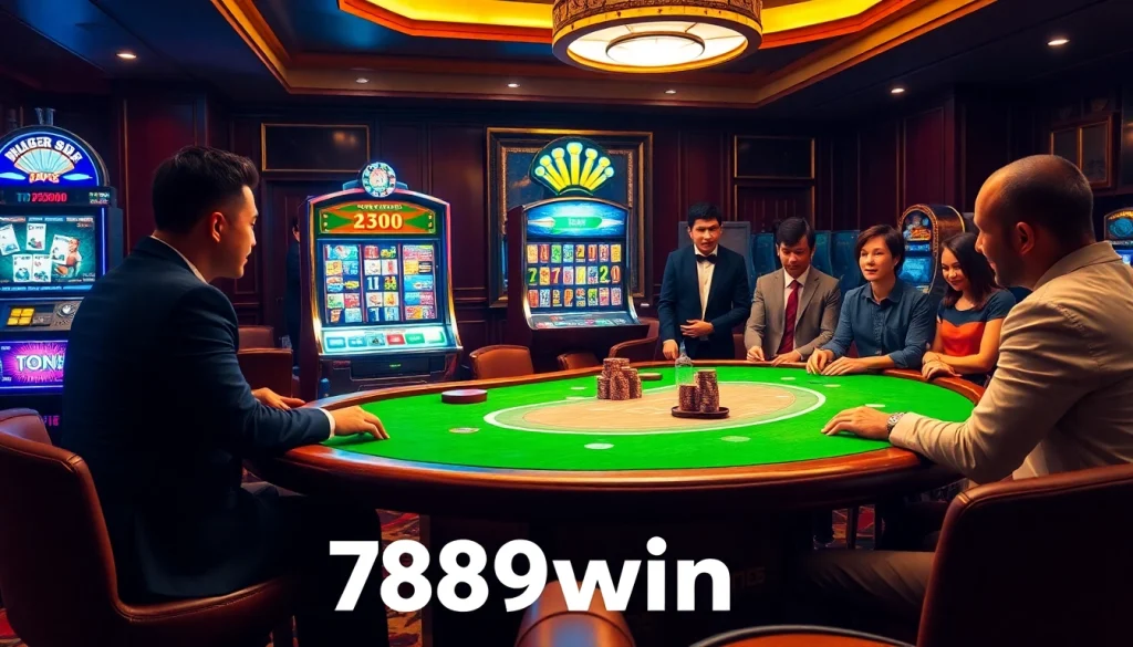 Experience the thrills of 789win com at an upscale casino, showcasing poker chips and modern slot machines.