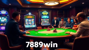 Experience the thrills of 789win com at an upscale casino, showcasing poker chips and modern slot machines.