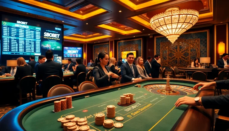 SBOBET table games and exciting gambling experience with poker chips and roulette wheel.