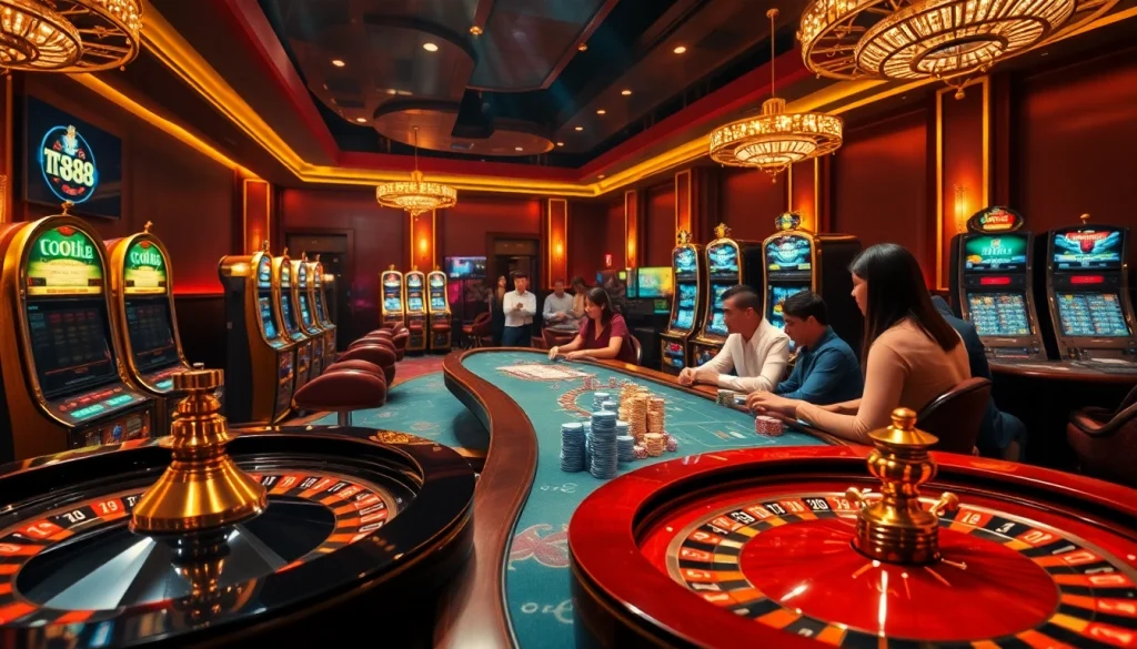 Players testing their luck at tg88 slot machines in a luxurious casino setting.