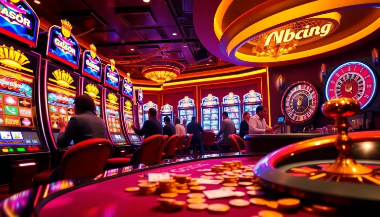 Gamblers enjoying colorful slot machines highlighting slot gacor hari ini in a lively casino atmosphere.