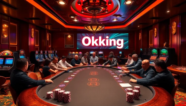Exciting scene of high-stakes poker at a luxurious casino with Okking branding.