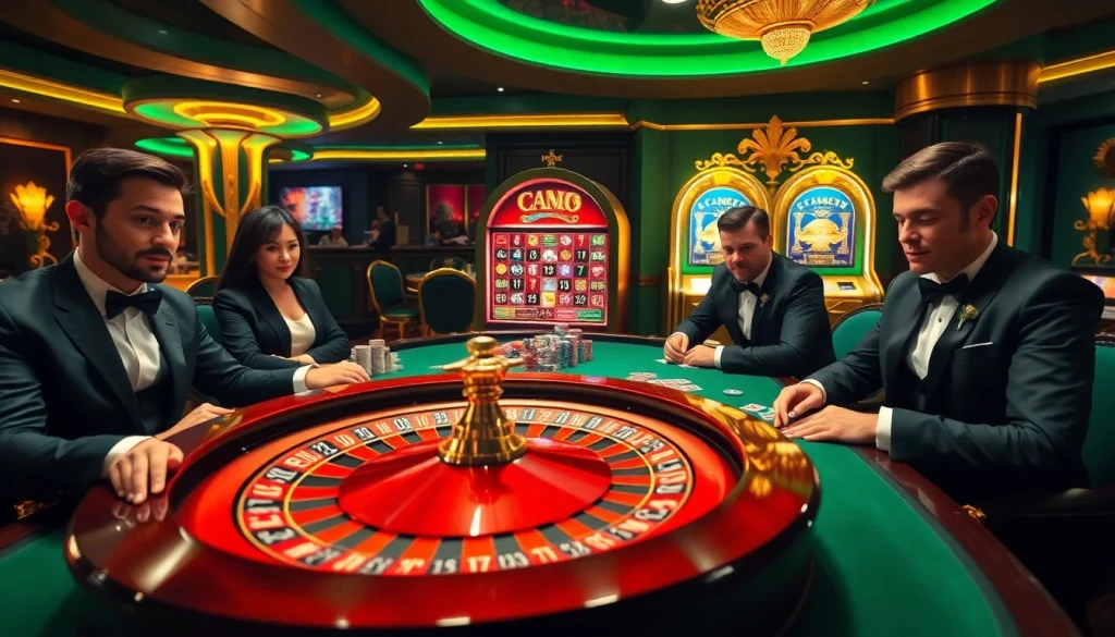 Players enjoying games at KKWIN, featuring poker and roulette setups with chips and cards.