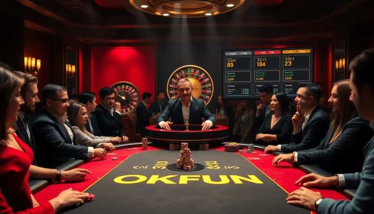 Players engaging at the OKFUN poker table with vibrant casino elements and a roulette wheel.