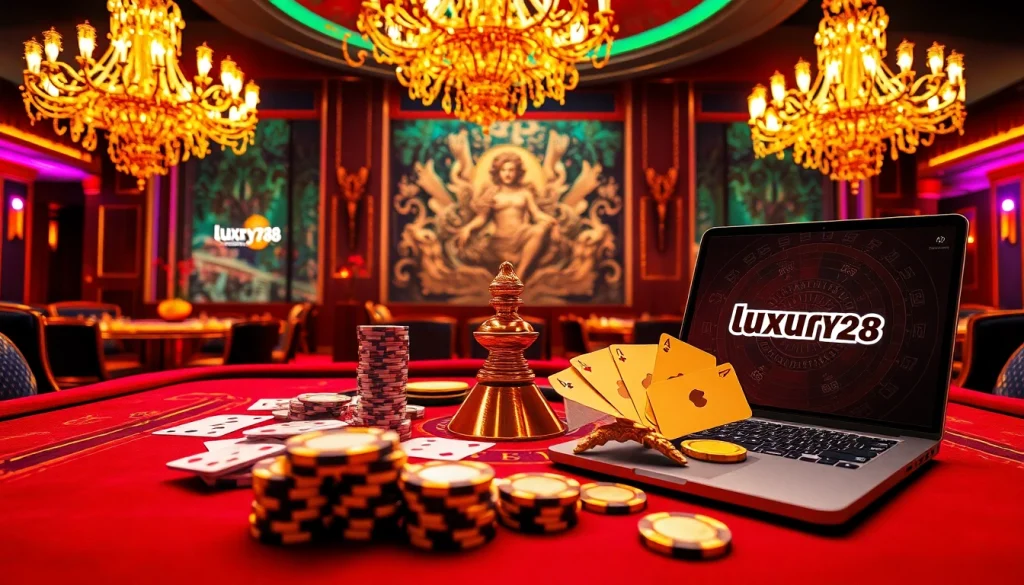 Examine the thrilling world of luxury138 gaming with an elegant casino scene showcasing poker chips and a roulette wheel.