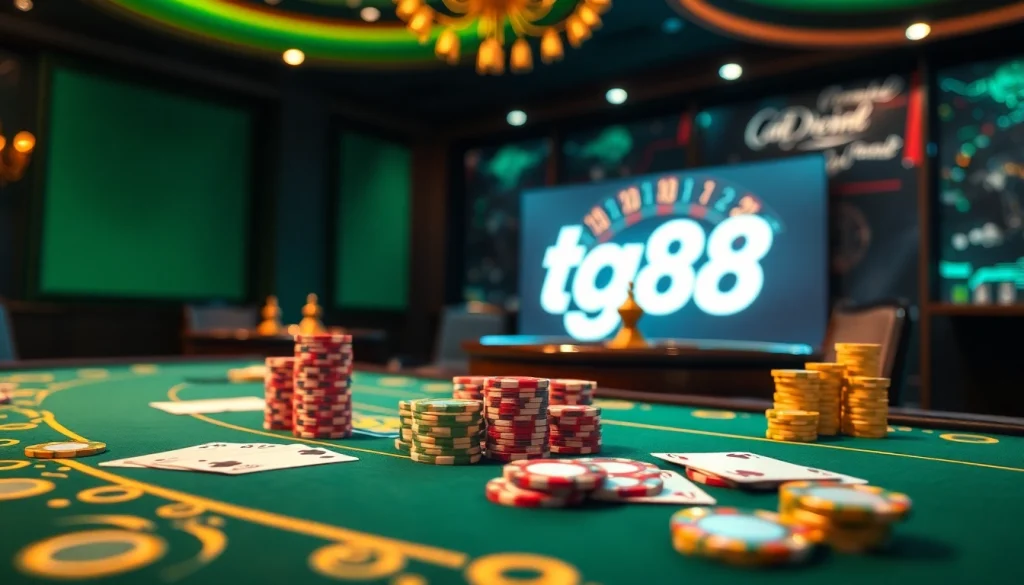 Experience the excitement of tg88 at a luxurious casino poker table with vibrant chips and cards.