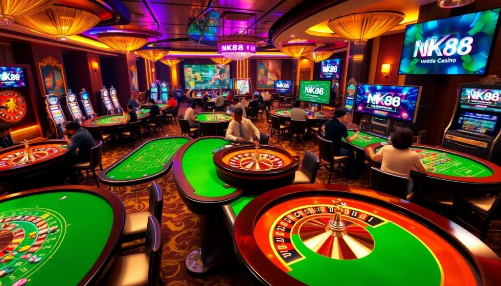 Players enjoy high-stakes games at NK88 casino, with vibrant tables and exciting gameplay.