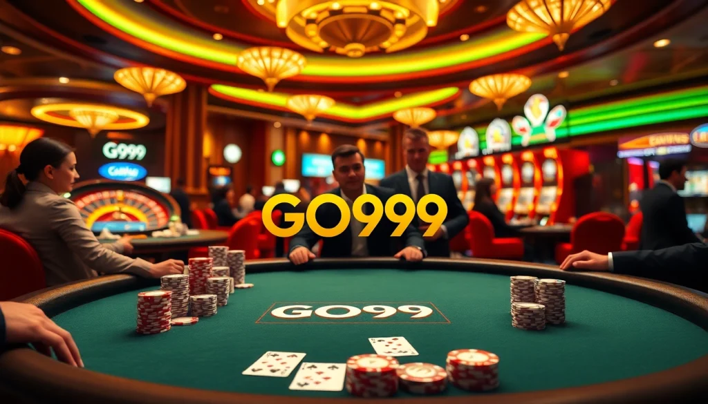 Exciting GO99 poker scene with elegant players and premium chips at a luxurious casino.