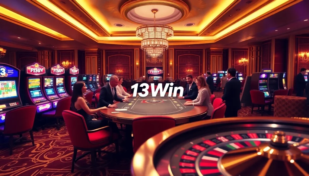Exciting gambling scene at 13Win featuring poker, roulette, and slot machines.