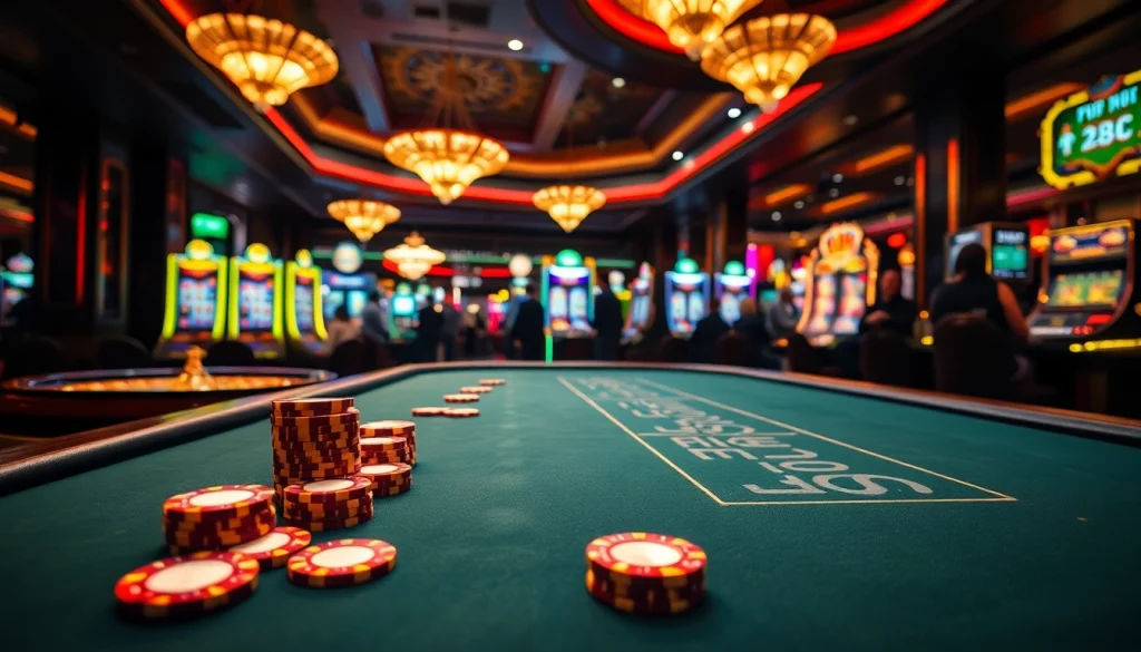 Intense gamers at the king88 casino table enjoy thrilling action and vibrant slot machines.