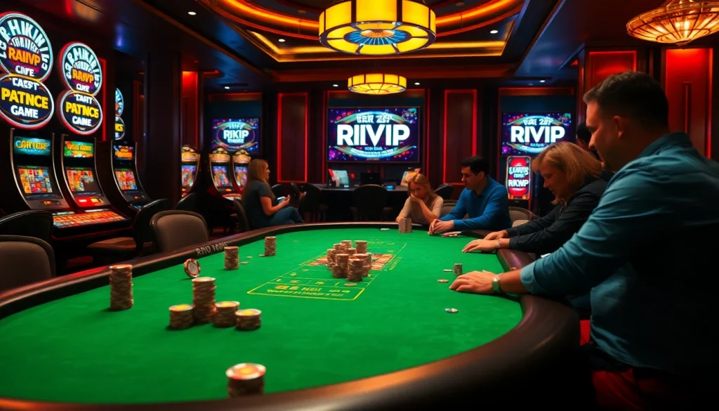 Engaged players at a RIKVIP poker table in a luxurious casino setting.