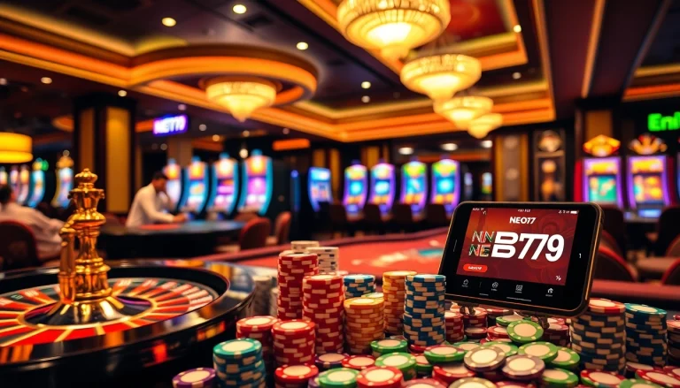 Engaged players at NEO79 poker table with vibrant casino atmosphere and spinning roulette.