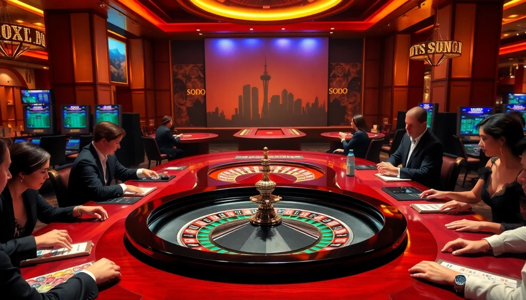 Engaging gambling scene with SODO-themed roulette wheel and betting enthusiasts.