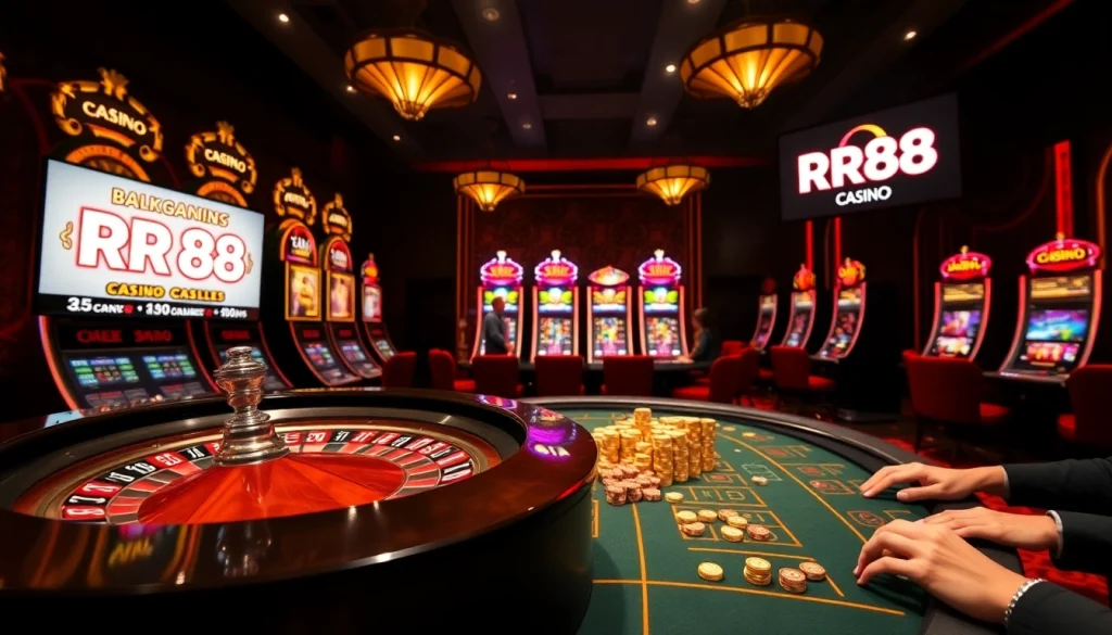 Experience the thrill of gambling at RR88's luxurious casino, featuring excited players and vibrant games.