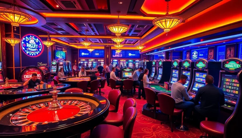 Xn88 đăng nhập at a luxurious casino showcasing players enjoying poker and colorful slot machines.