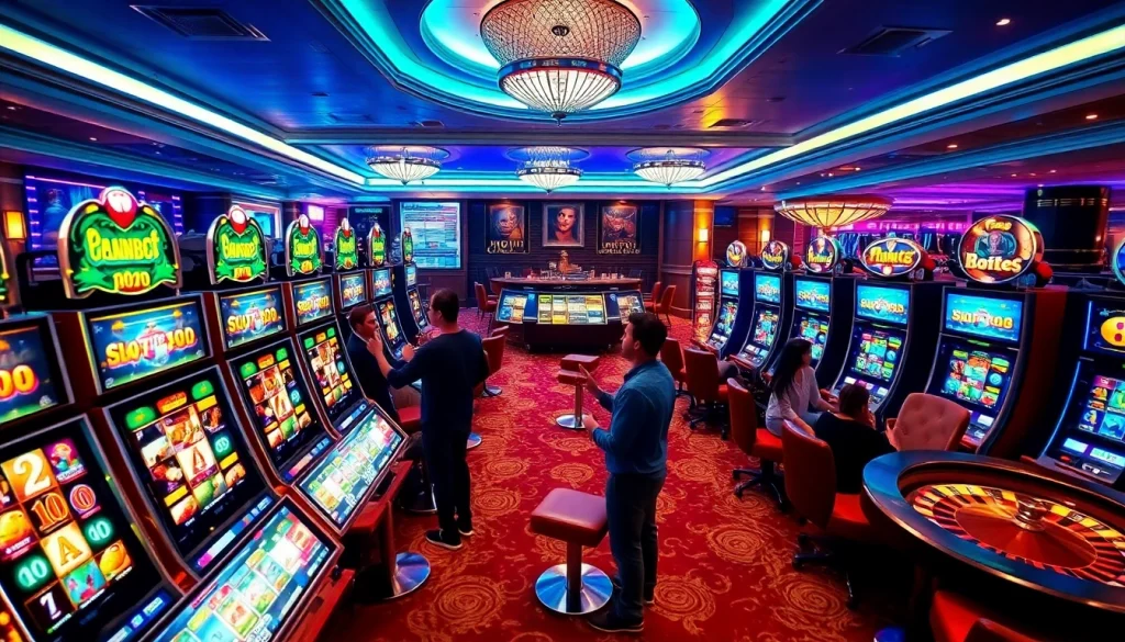 Experience the thrilling action of slot88 games with vibrant slot machines and excited players in a luxurious casino setting.