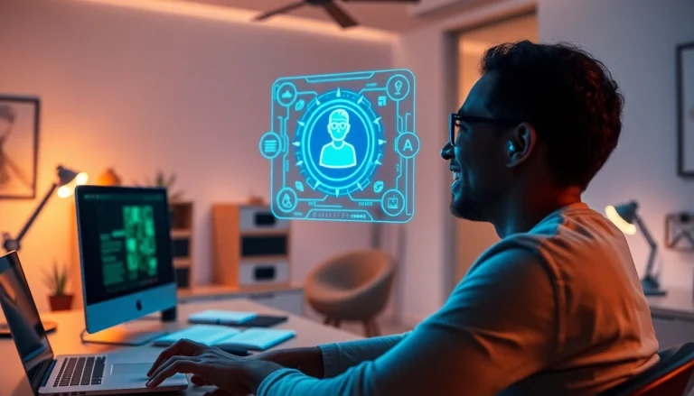 Engaging interaction with Juicy AI in a modern home office, showcasing advanced technology.