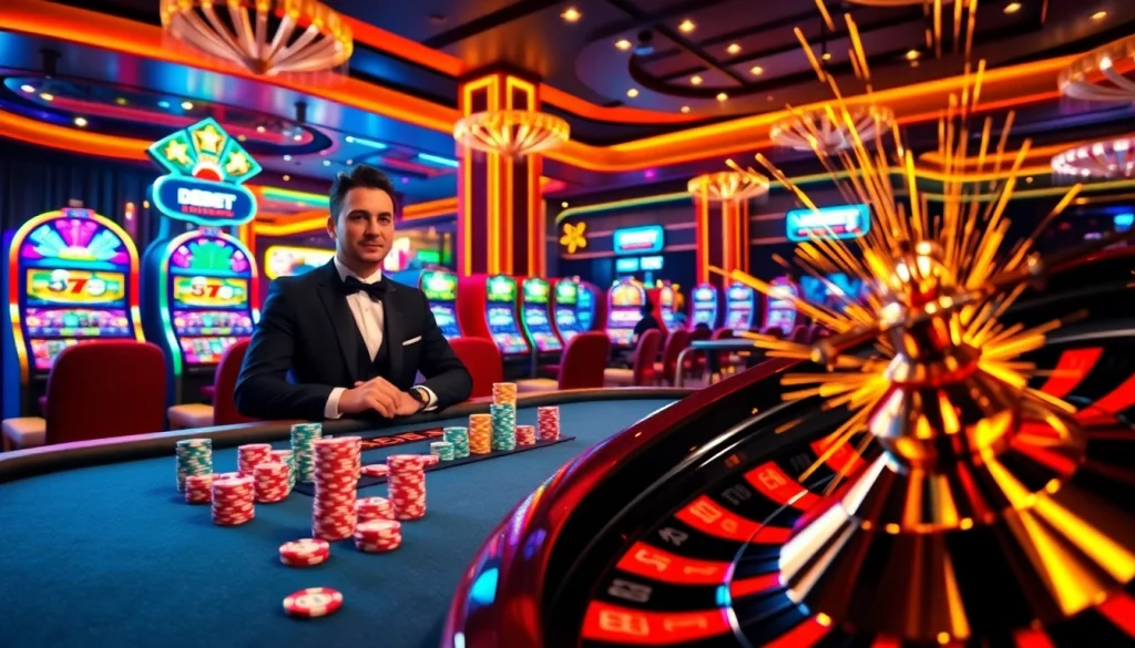 Experience the thrill of DEBET with vibrant casino visuals, showcasing poker and roulette excitement.