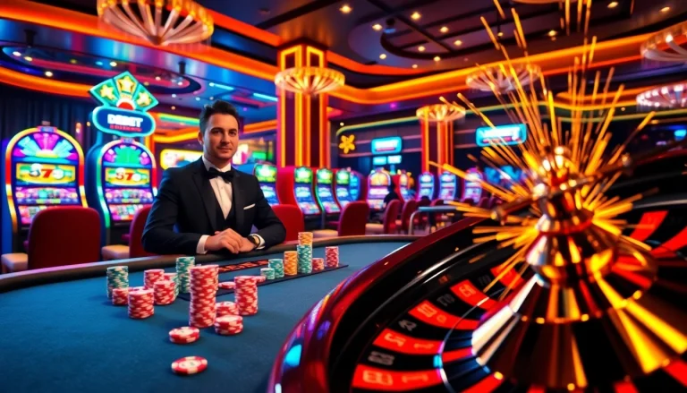 Experience the thrill of DEBET with vibrant casino visuals, showcasing poker and roulette excitement.