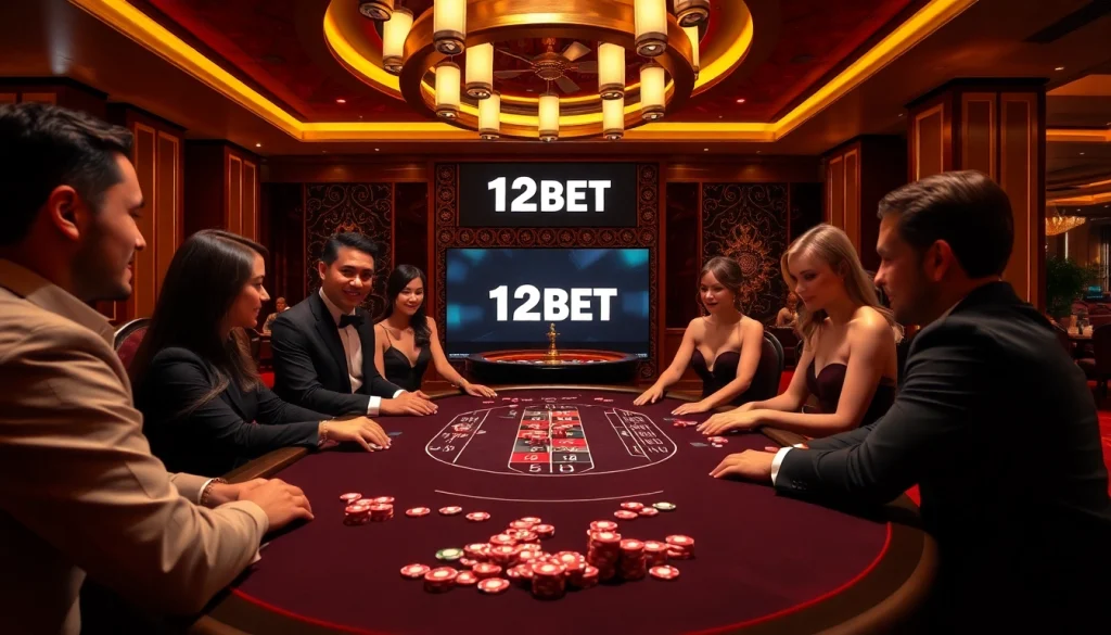 Exciting poker game action featuring 12BET logo and vibrant casino atmosphere.