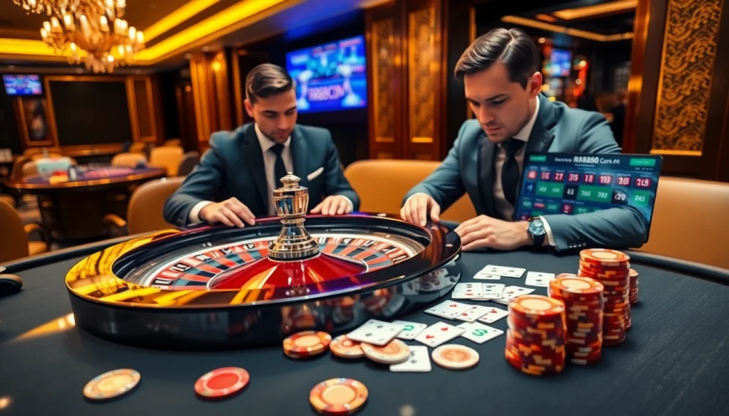 Engaged gamblers placing bets at an rr88com roulette table with chips and cards.