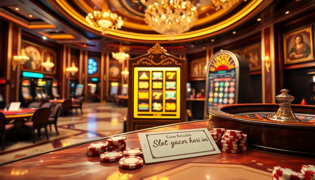 Experience slot gacor hari ini excitement in a luxurious casino environment with vibrant gaming tables and elegant slot machines.