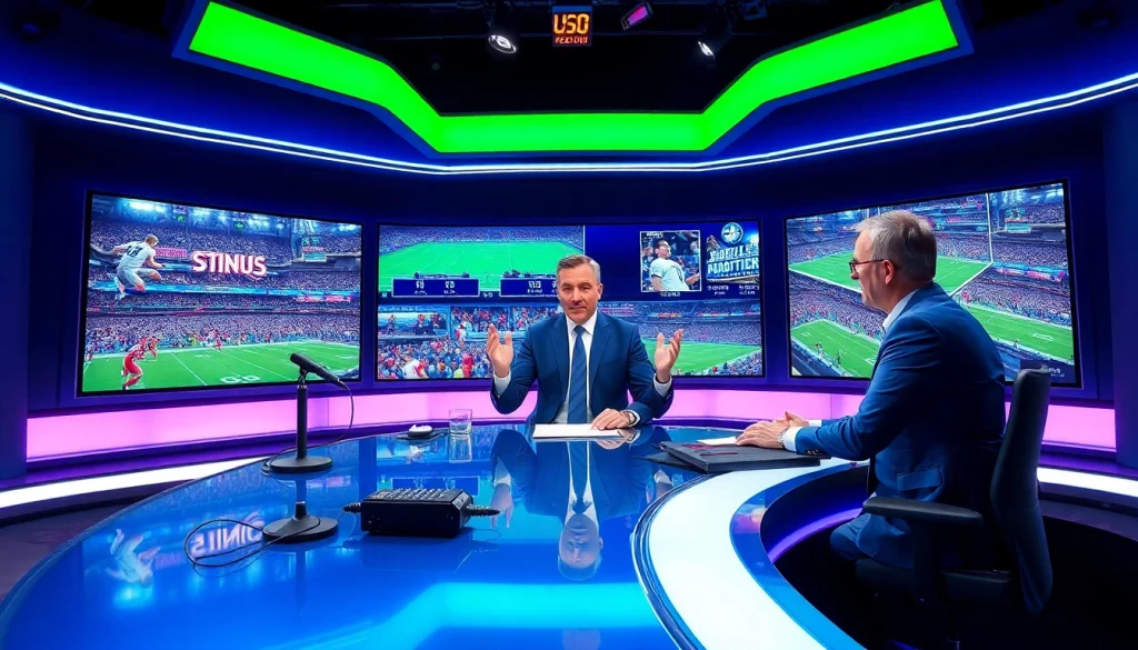 Engaging scene of Sports Broadcasting with an anchor delivering live sports news.