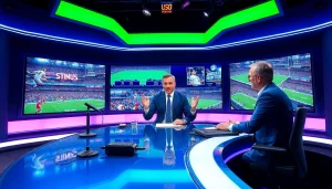 Engaging scene of Sports Broadcasting with an anchor delivering live sports news.