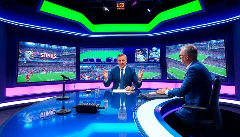 Engaging scene of Sports Broadcasting with an anchor delivering live sports news.