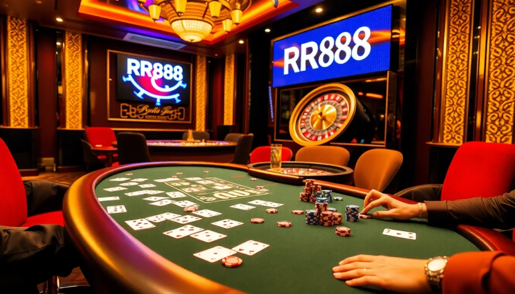 Players enjoying a thrilling game at the RR88 casino, featuring vibrant poker chips and playing cards.