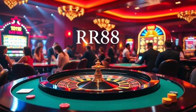 Players engaging at the RR88 roulette table in a luxurious casino setting with vibrant colors.