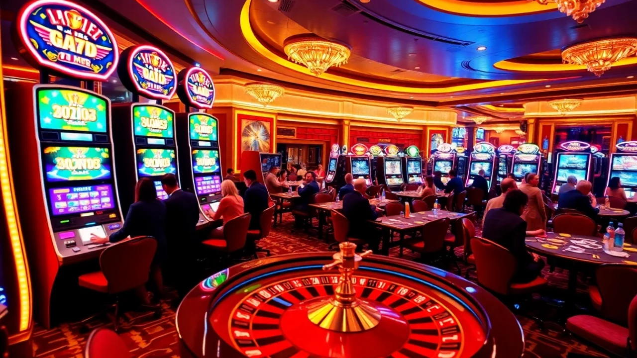 Players enjoy the excitement of bro138 slot machines in a vibrant casino atmosphere.
